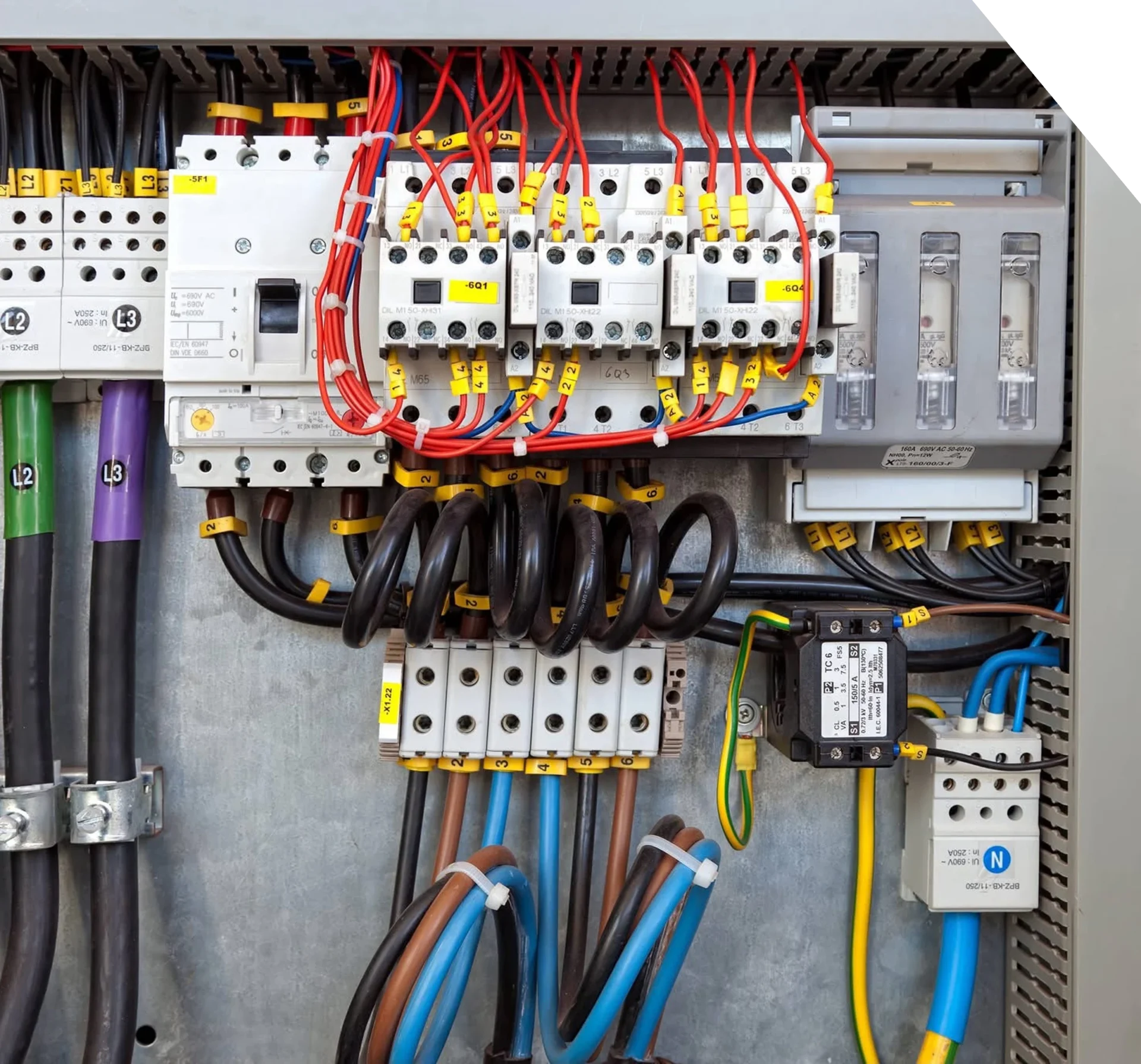Close-up of an electrical panel with wires and circuit breakers.